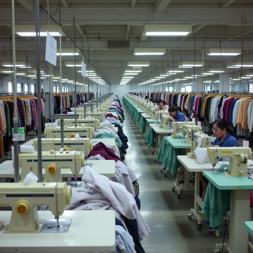 Clothing factory with rows of sewing machines and workers