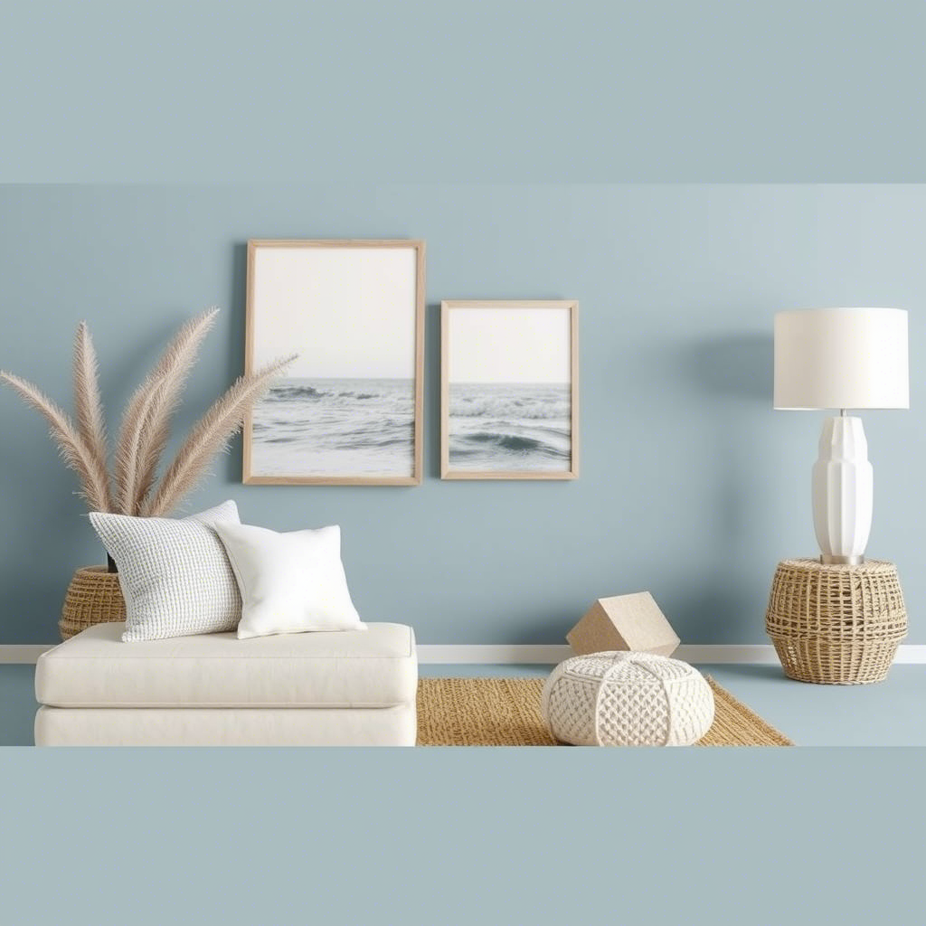 Coastal theme with soft blues and sandy neutrals