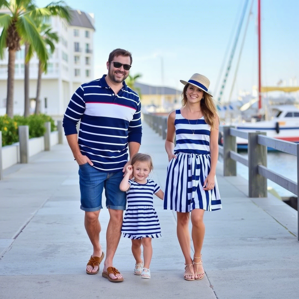 Coastal-themed family outfits with nautical stripes