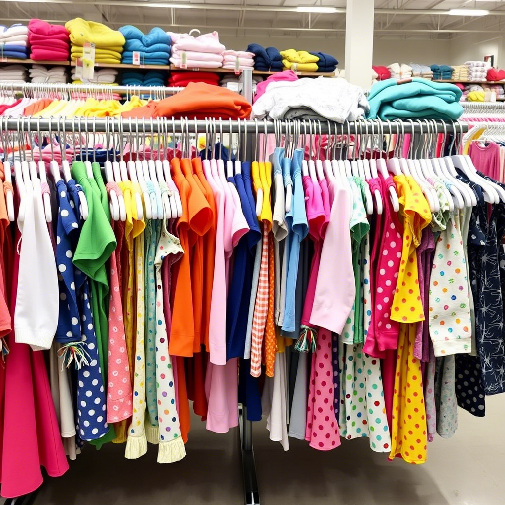 Colorful array of children’s clothing hanging on racks in a warehouse