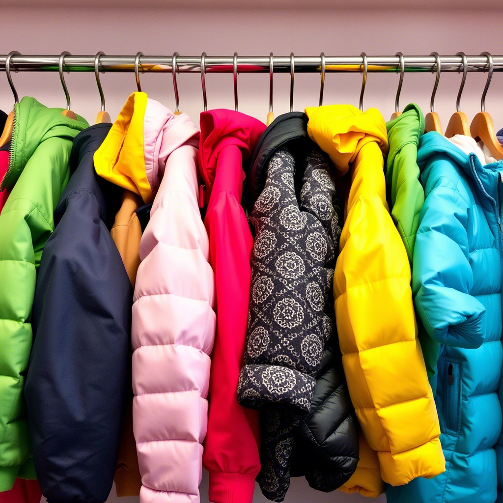 Colorful array of kids’ outerwear hanging on a rack