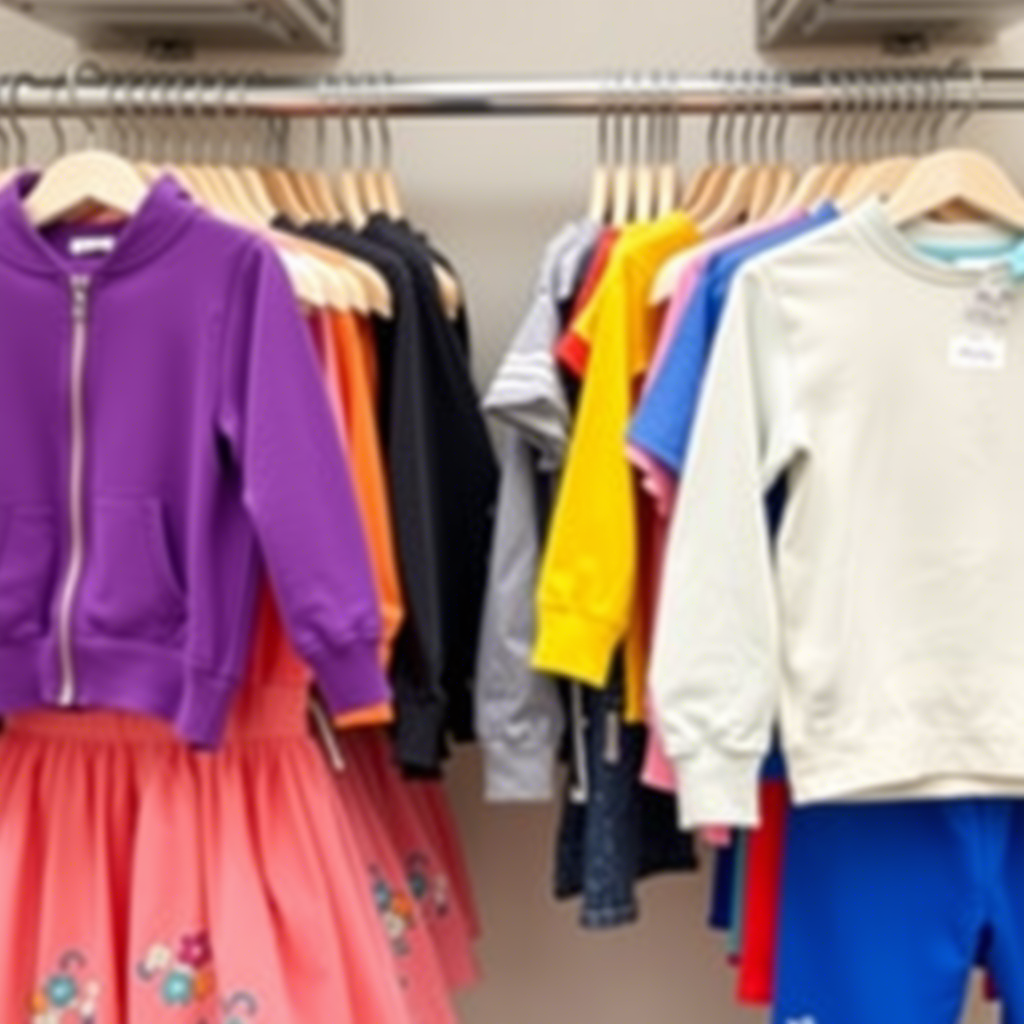Colorful assortment of boys’ and girls’ apparel hanging on racks
