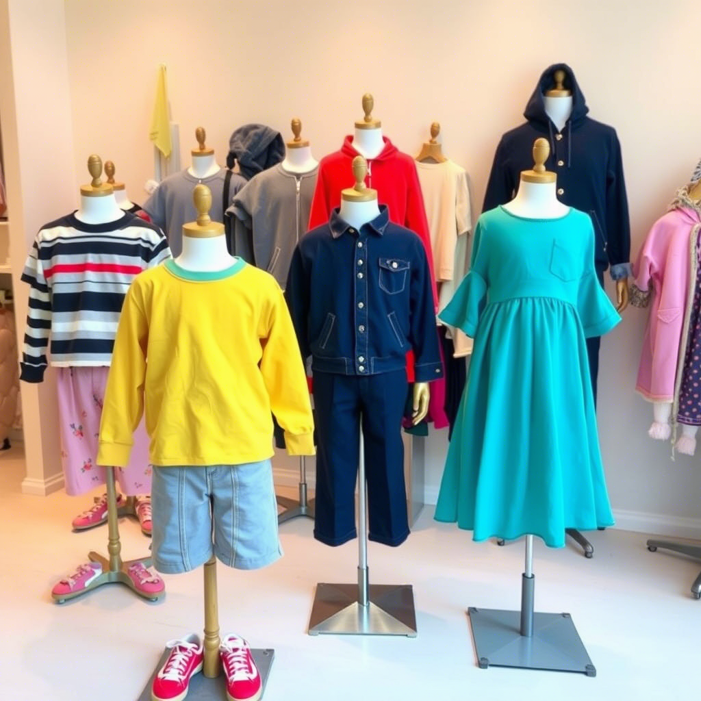 Colorful assortment of boys and girls clothing on mannequins