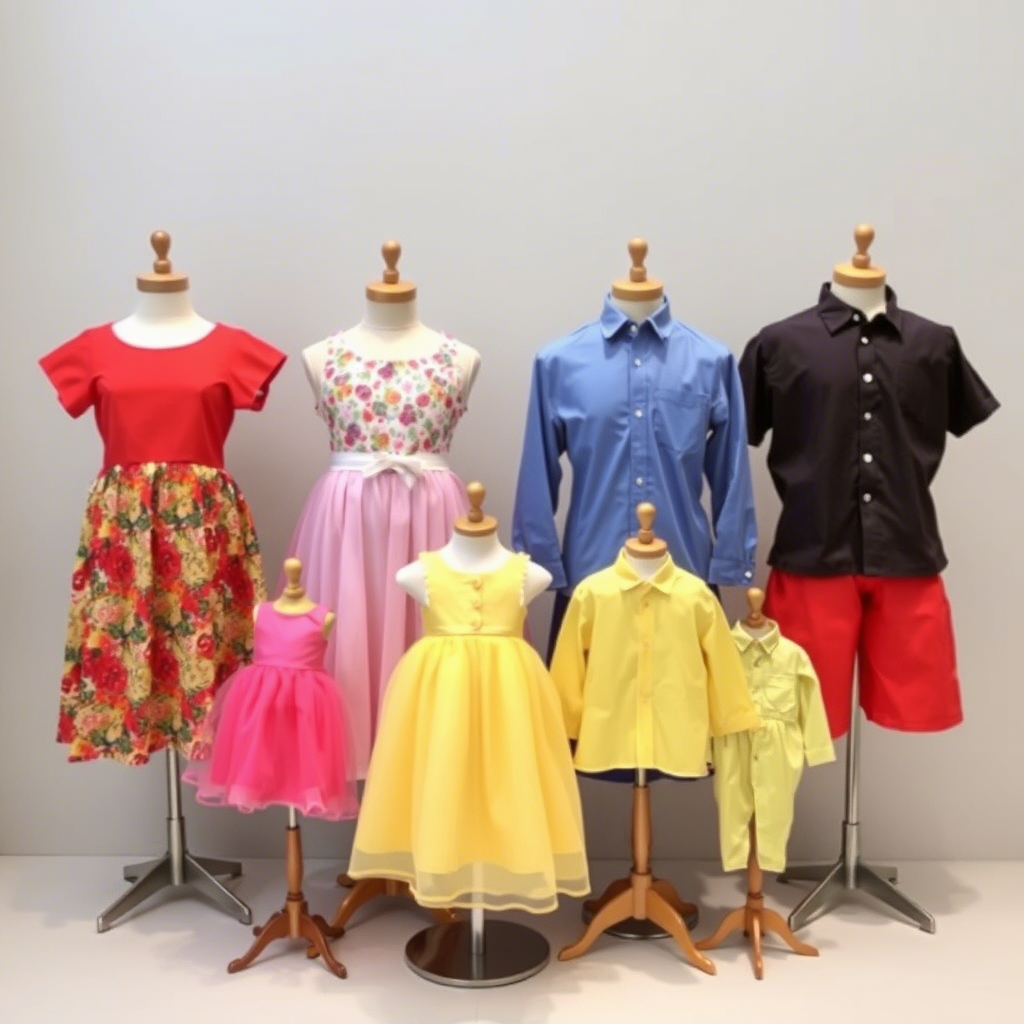 Colorful assortment of girls’ dresses and boys’ shirts on mannequins