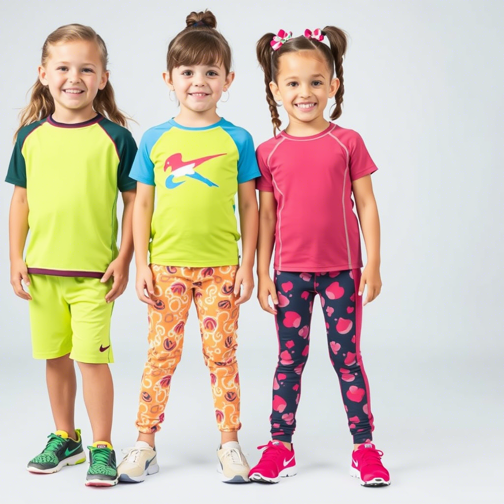 Colorful athletic wear for kids, featuring fun designs and patterns