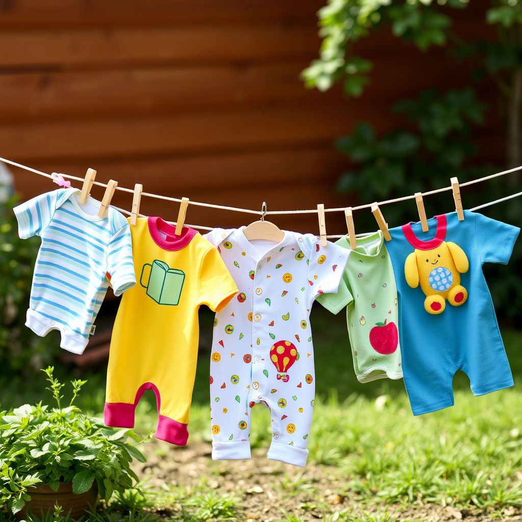 Colorful baby clothes hanging on a clothesline with toys