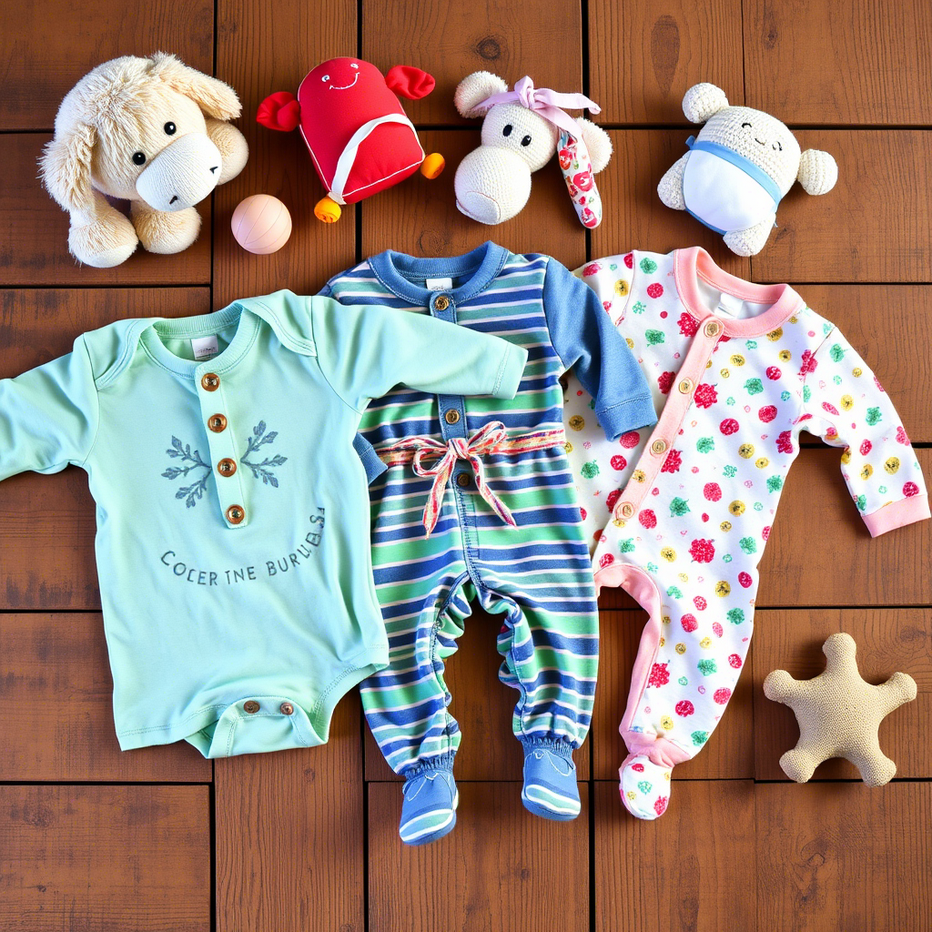 Colorful baby clothing laid out on a rustic wooden table with soft toys around
