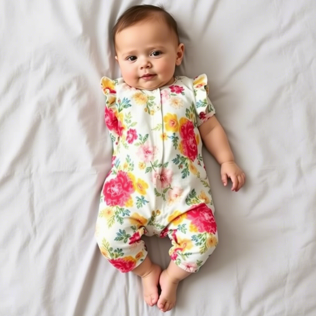 Colorful baby romper with floral patterns and soft textures