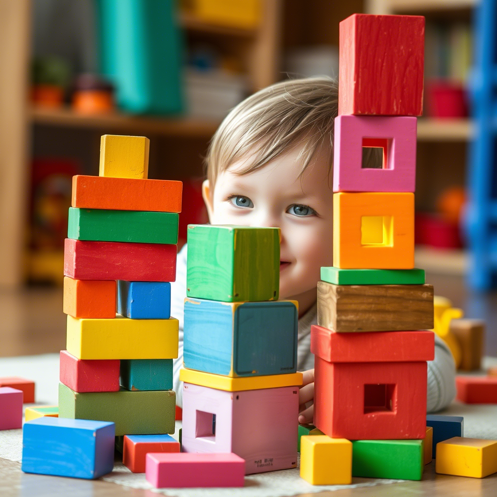 Colorful blocks stacked around a happy toddler playing