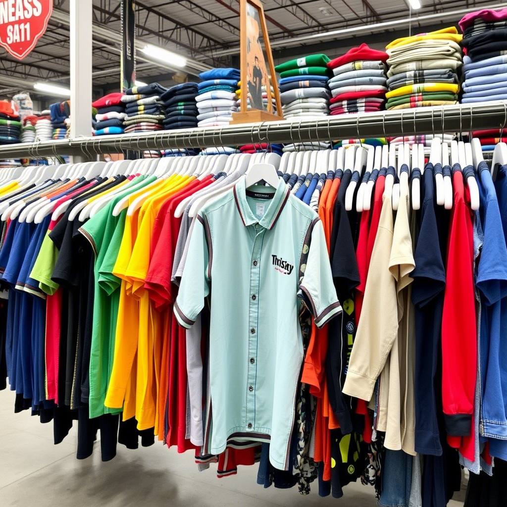 Colorful boys’ apparel hanging in a wholesale store