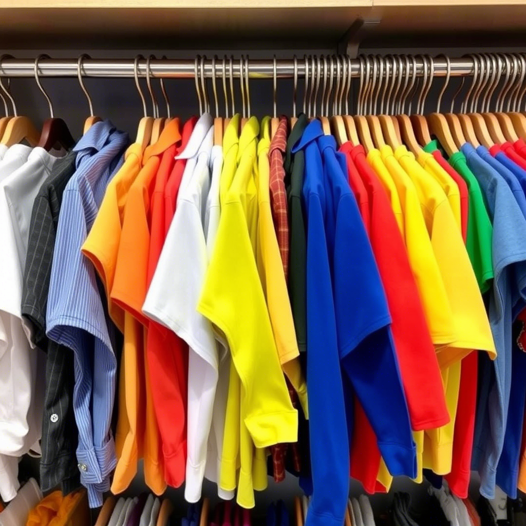 Colorful boys’ shirts and tops arranged on a shelf for wholesale
