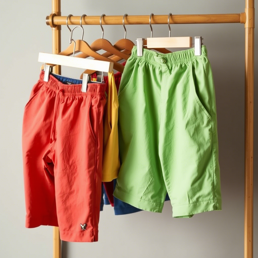 Colorful boys’ shorts and pants hanging on a rack