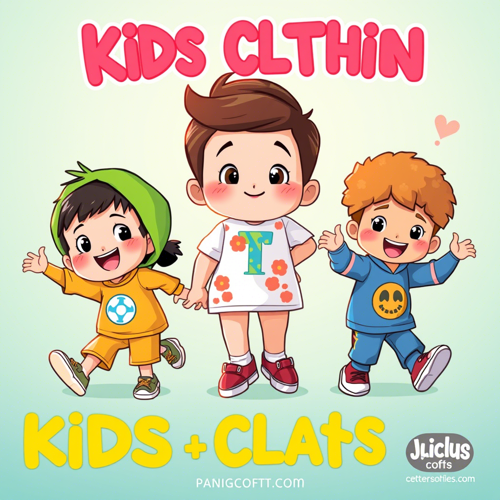 Colorful cartoon characters on kids’ clothing advertisement