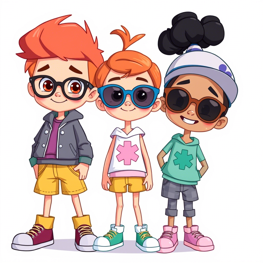 Colorful cartoon characters wearing trendy kids clothing