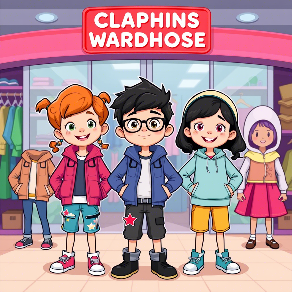 Colorful cartoon kids wearing trendy outfits, standing in front of a clothing warehouse
