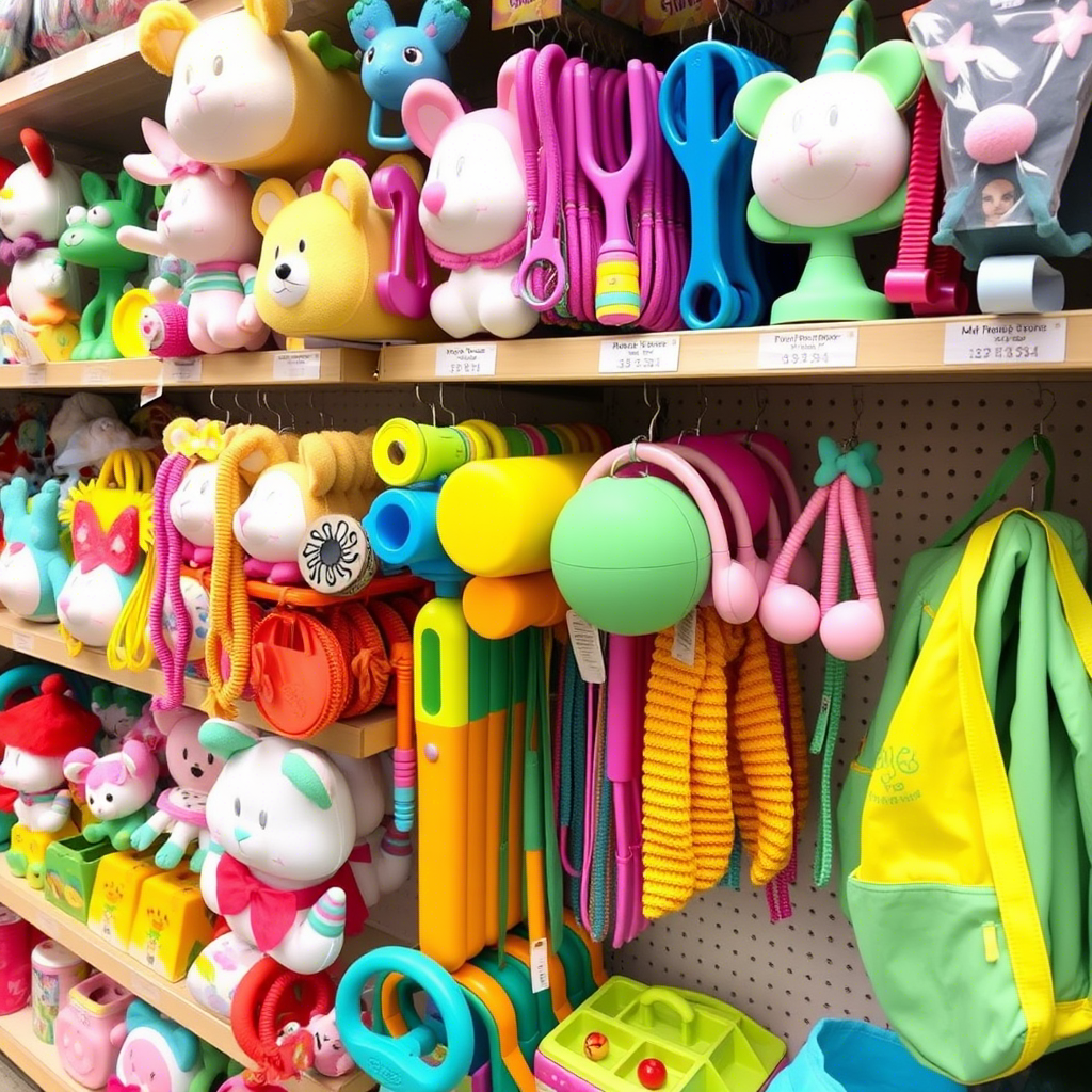 Colorful children’s accessories arranged on a store shelf