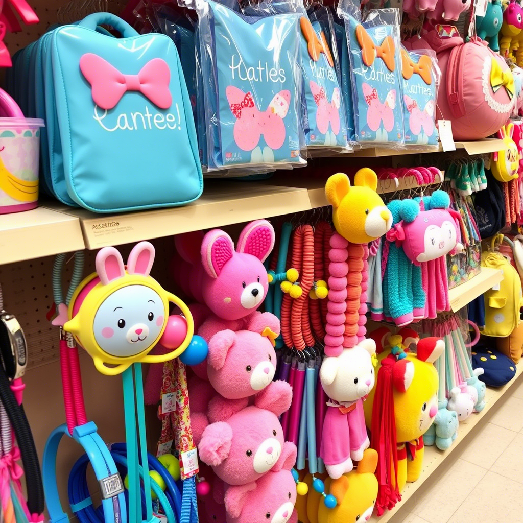 Colorful children’s accessories displayed on a retail shelf