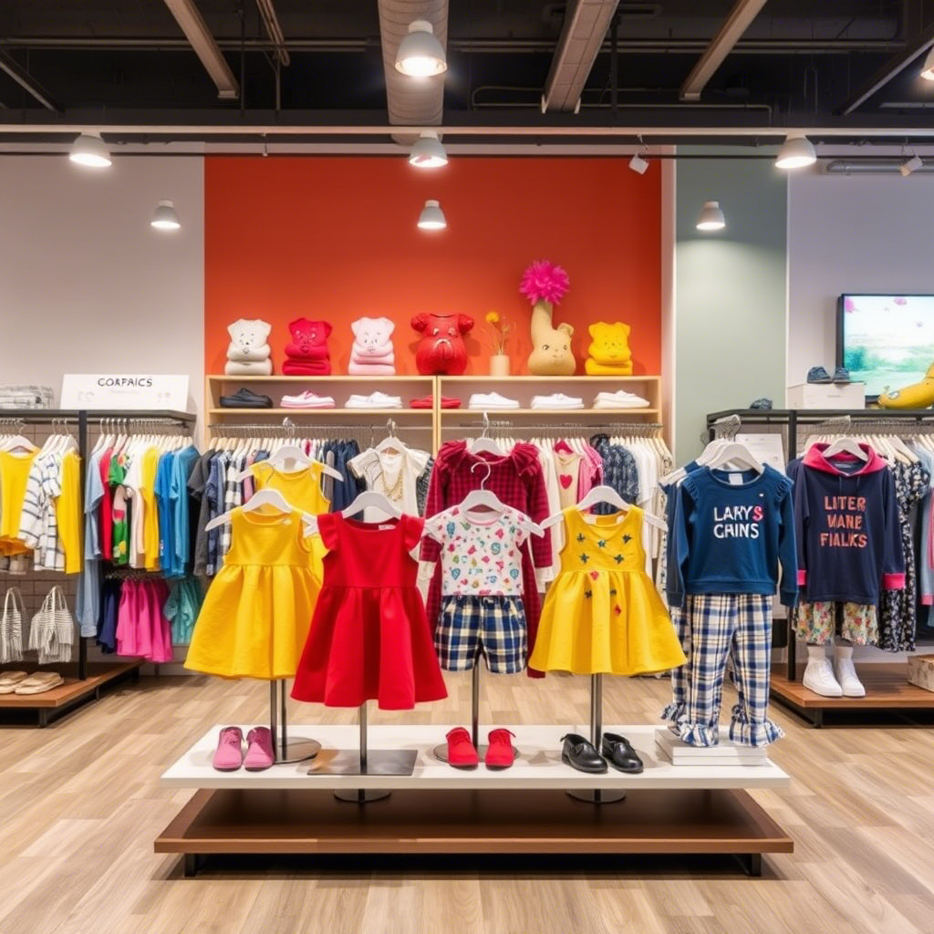 Colorful children’s apparel displayed on a distributor’s showroom floor