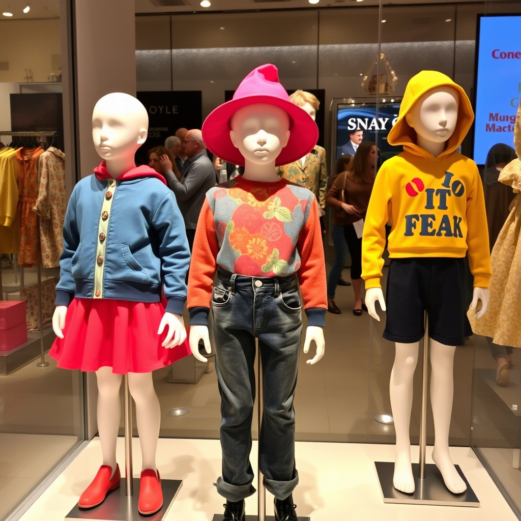 Colorful children’s apparel displayed on a fashion mannequin
