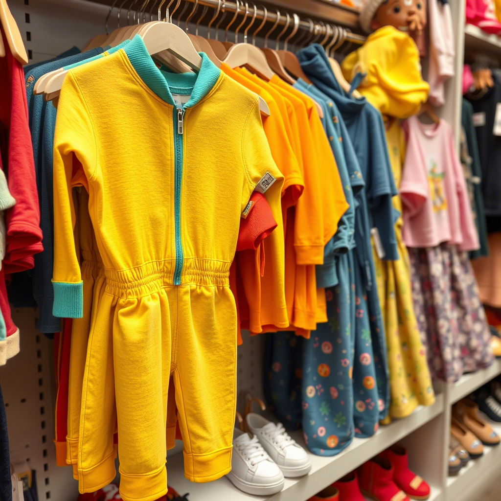 Colorful children’s apparel displayed on a store shelf