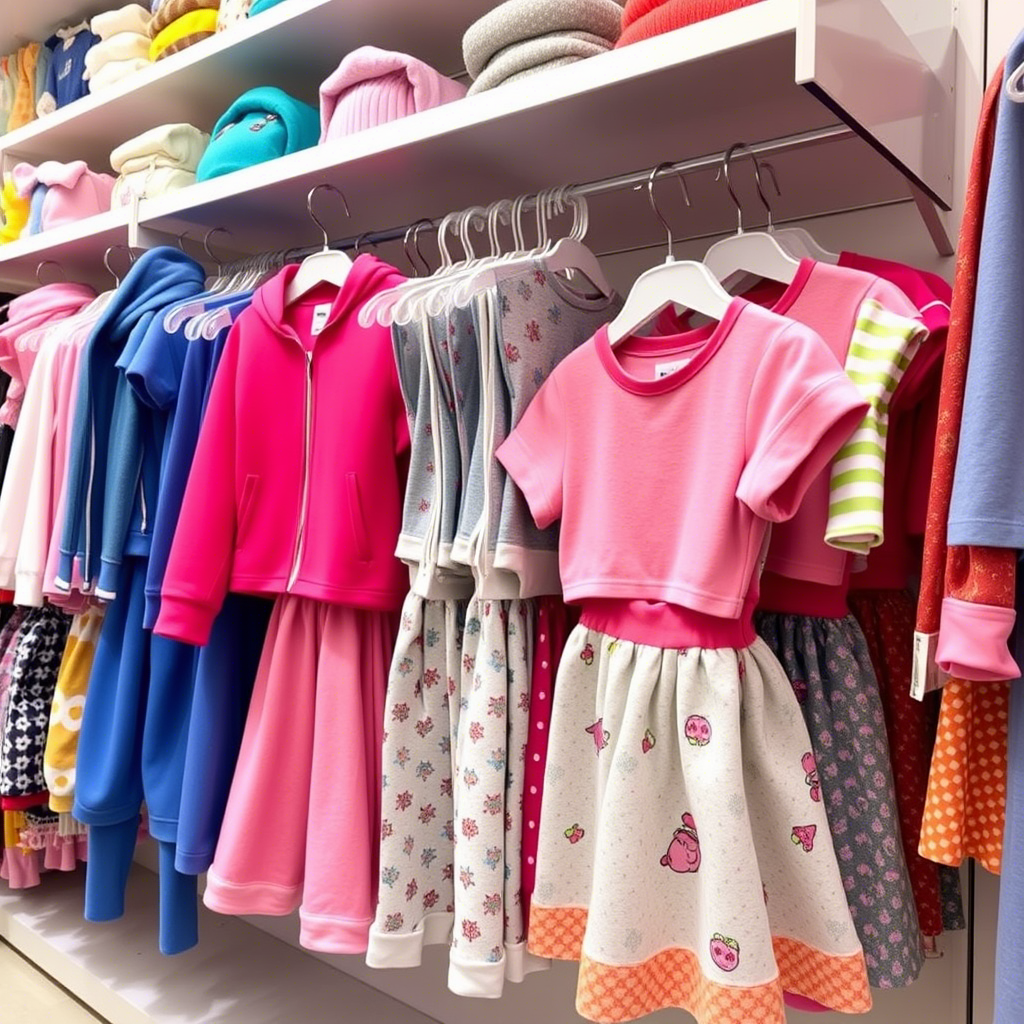 Colorful children's apparel displayed on a store shelf
