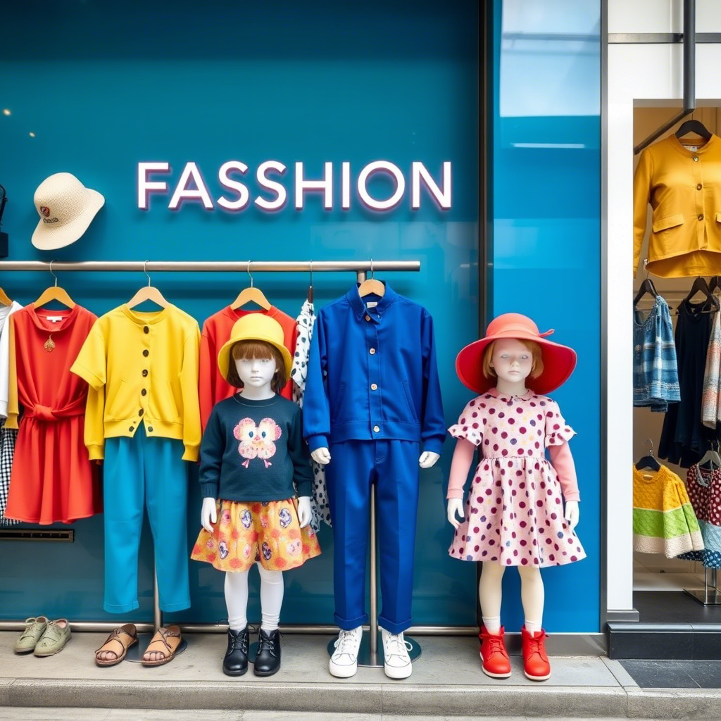 Colorful children’s apparel displayed on a storefront for fashion retailers