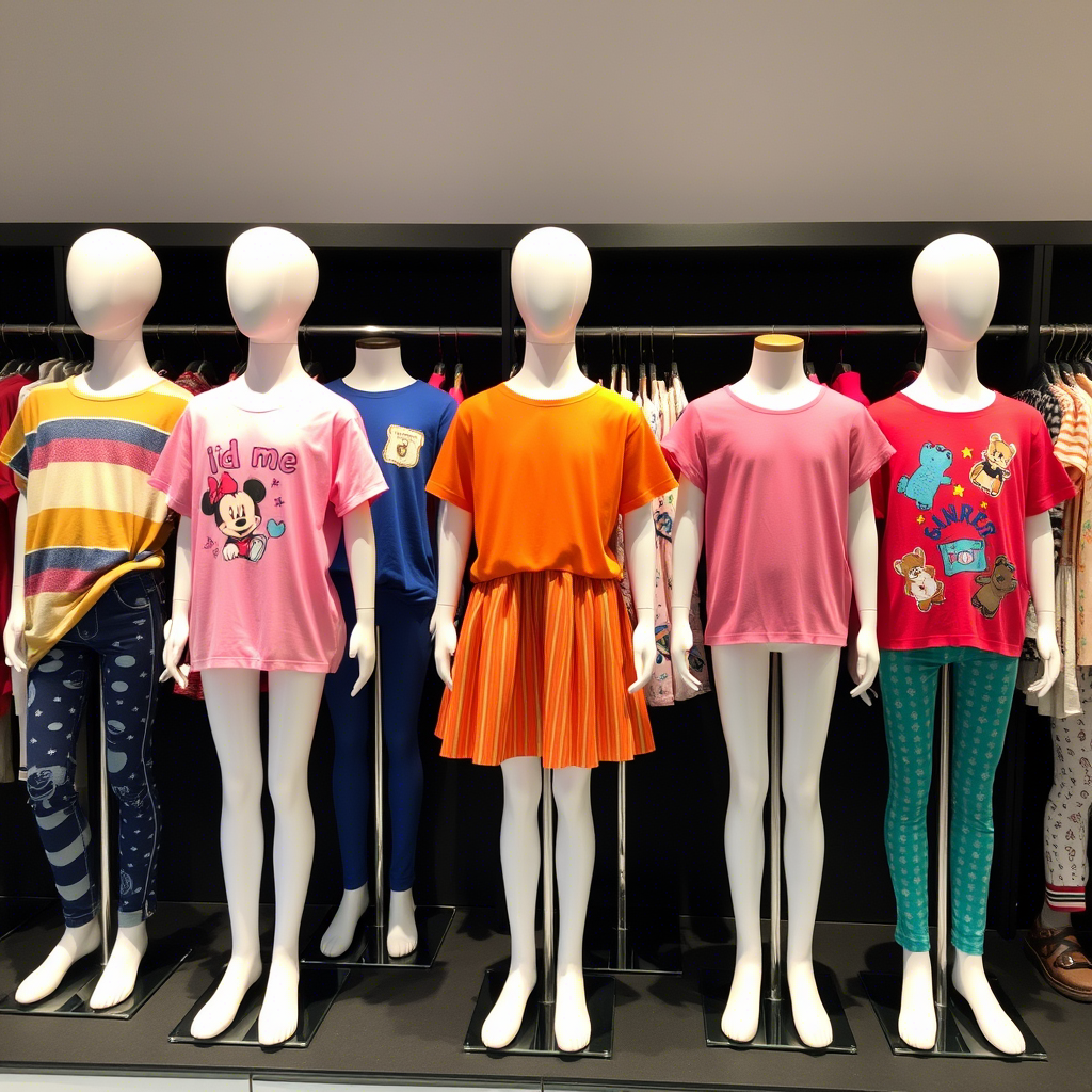 Colorful children’s apparel displayed on mannequins for USA wholesale buyers