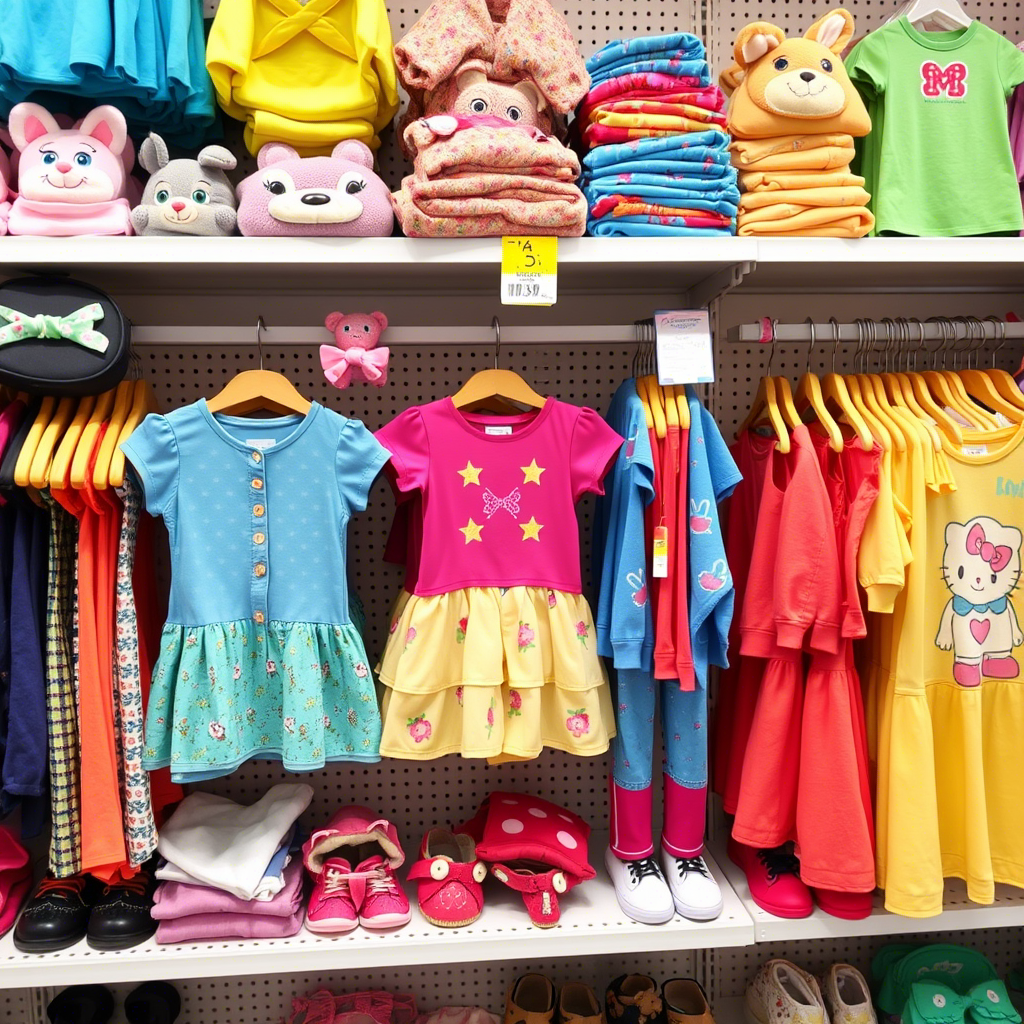 Colorful children’s apparel displayed on wholesale shelves