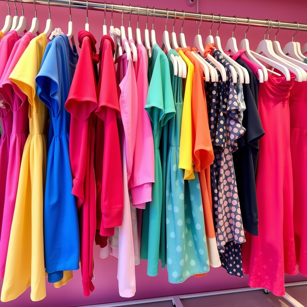 Colorful children's apparel hanging in a trendy fashion store