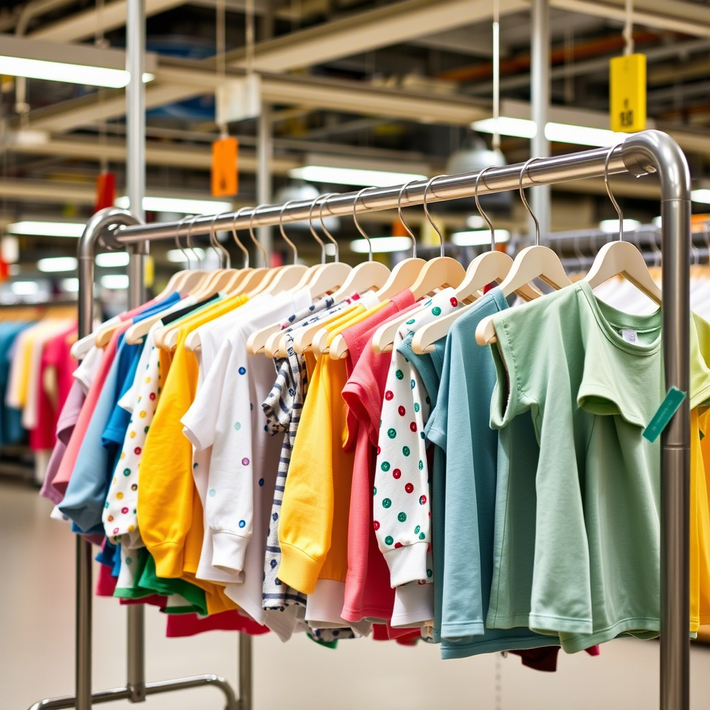 Colorful children’s apparel hanging on a clothing rack in a factory