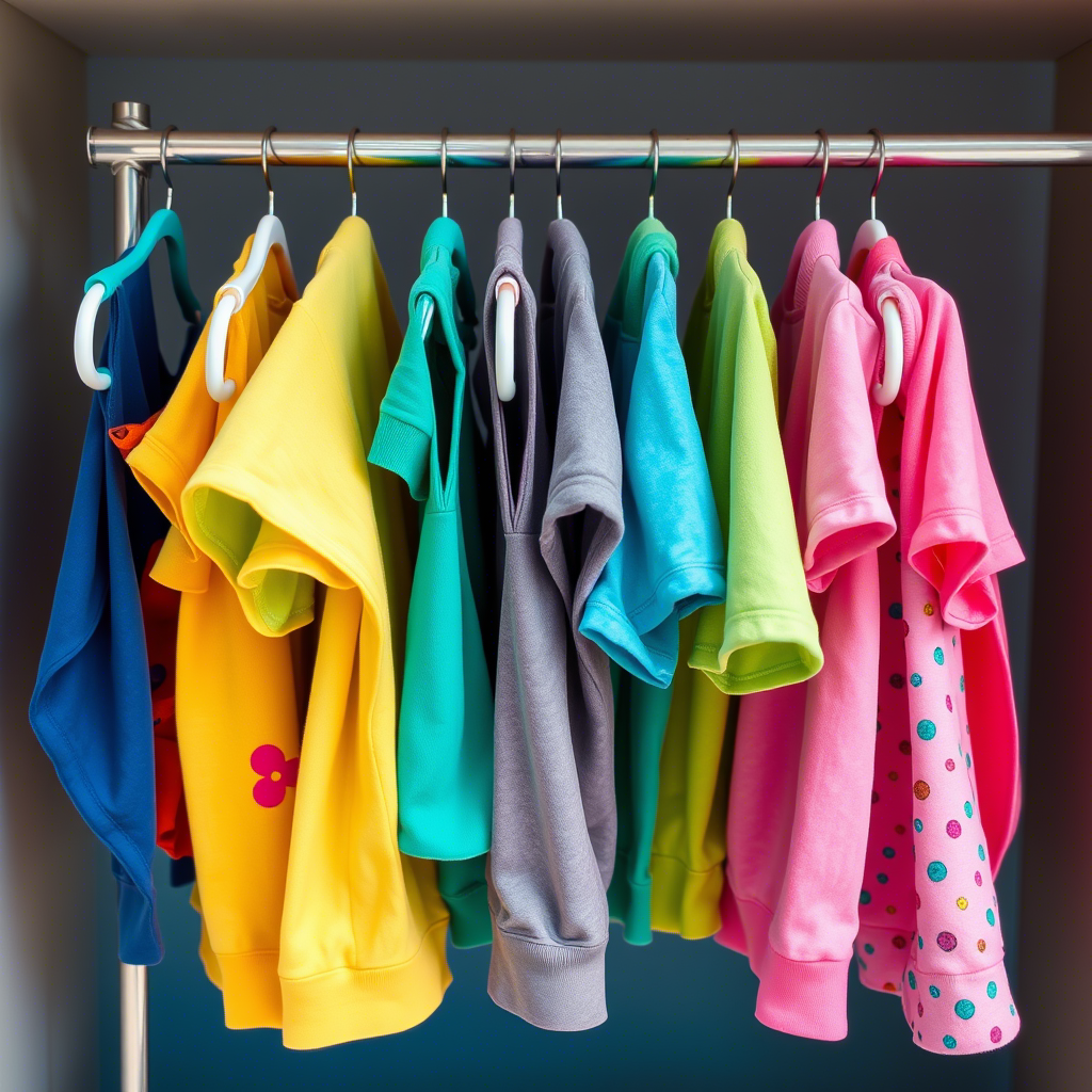 Colorful children’s apparel hanging on a clothing rack