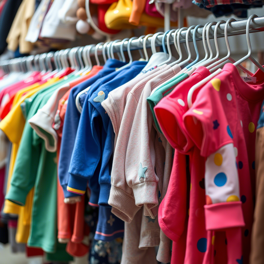 Colorful children’s apparel hanging on a crowded clothing rack