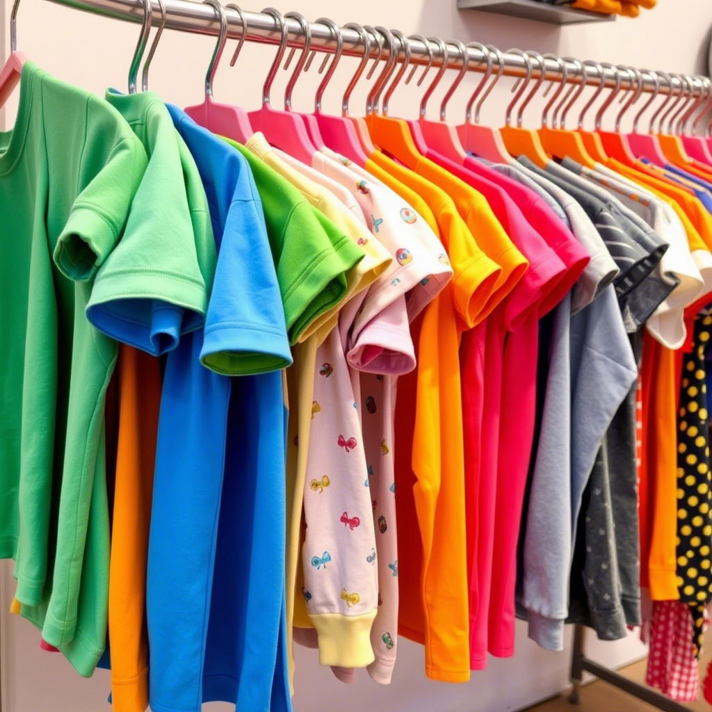 Colorful children’s apparel hanging on a rack display
