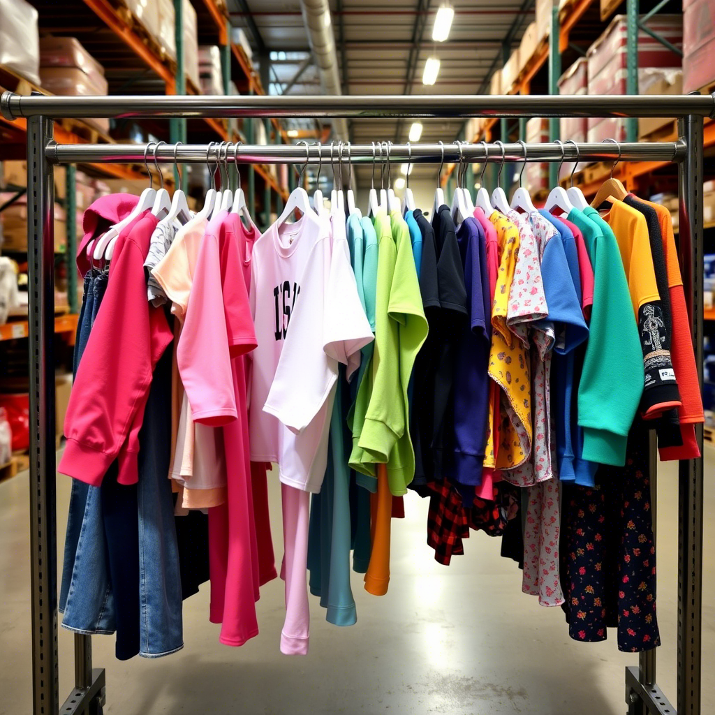 Colorful children’s apparel hanging on a rack in a USA warehouse
