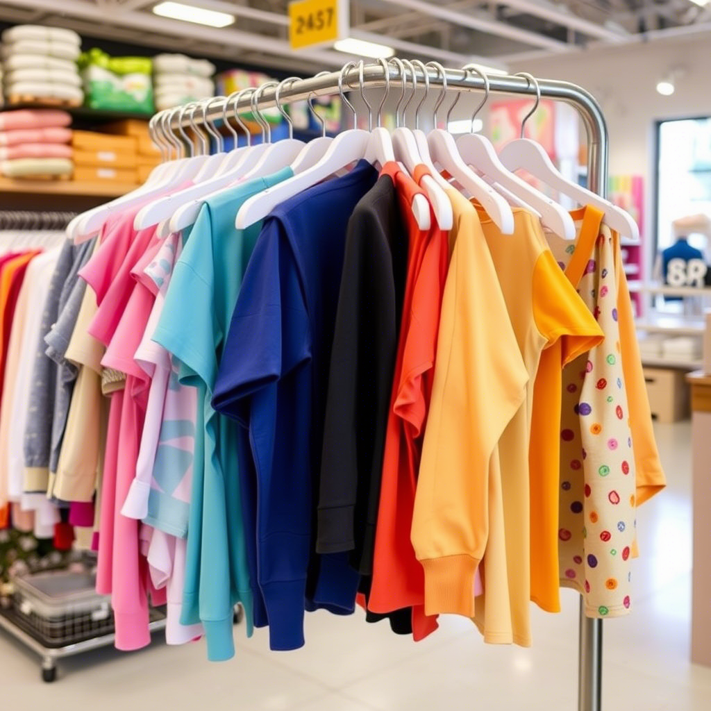 Colorful children’s apparel hanging on a rack in a wholesale showroom