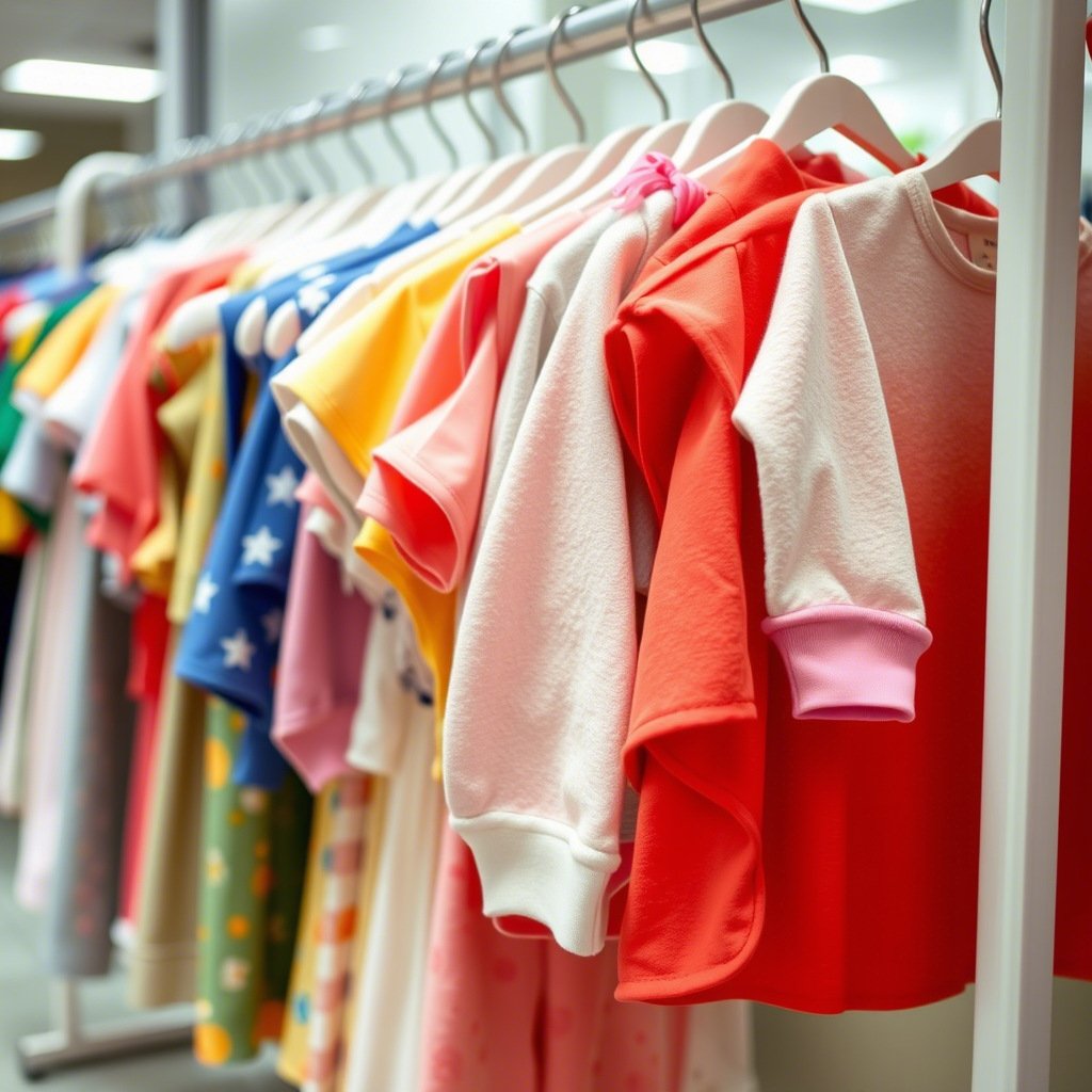 Colorful children’s apparel hanging on a retail clothing rack