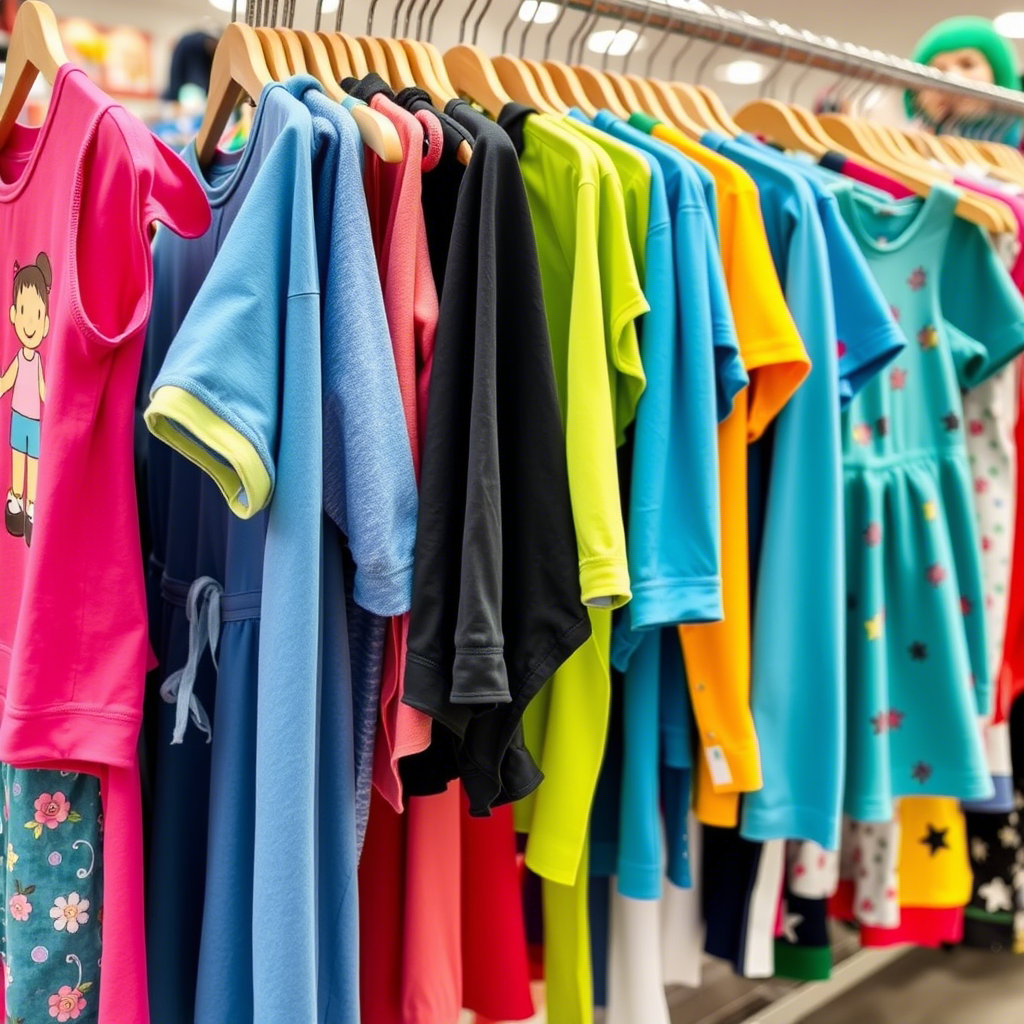 Colorful children’s apparel hanging on a retail store rack