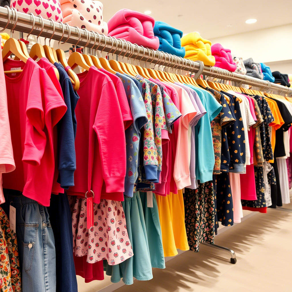 Colorful children’s apparel hanging on a store rack display