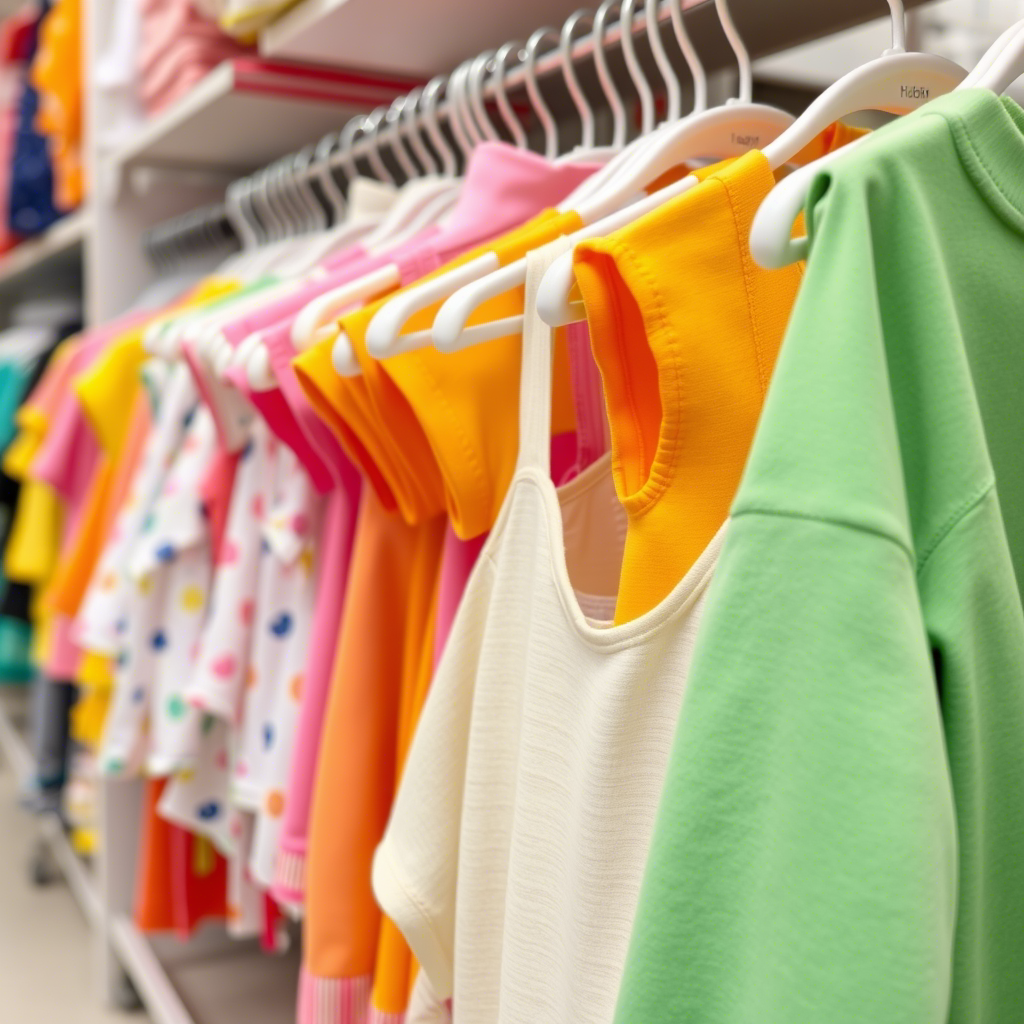 Colorful children’s apparel hanging on a store rack
