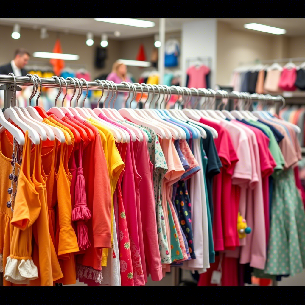 Colorful children’s apparel hanging on racks in a busy retail store