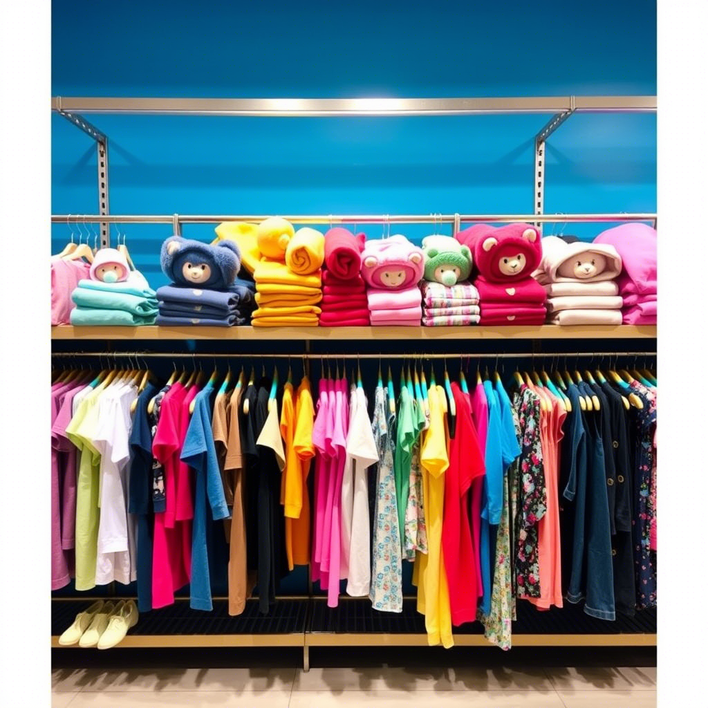 Colorful children’s apparel hanging on store racks