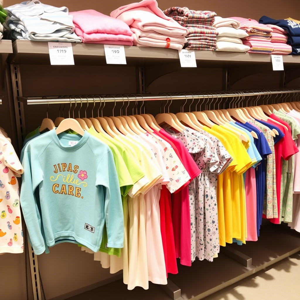 Colorful children’s apparel laid out on a store shelf display