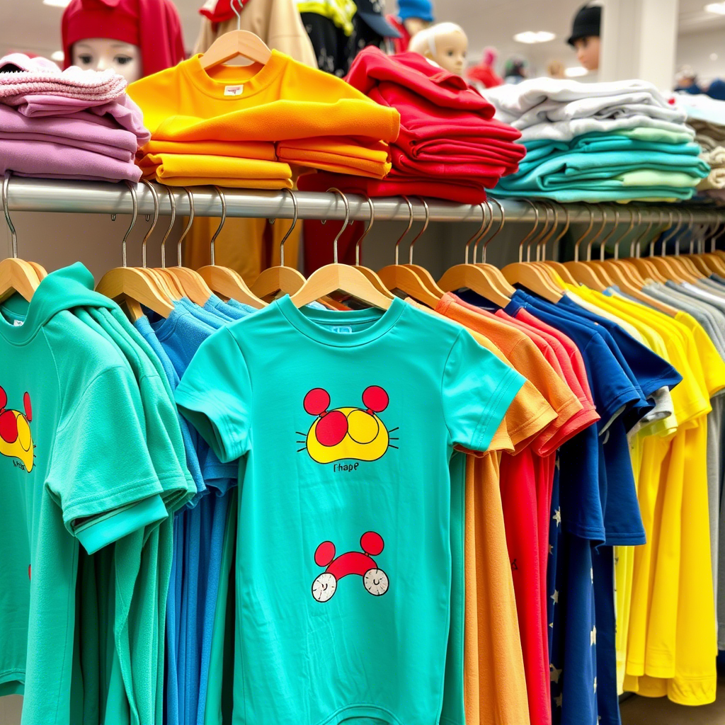 Colorful children’s apparel laid out on a wholesale rack display