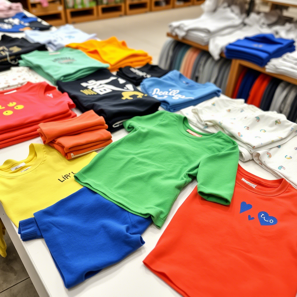 Colorful children’s apparel laid out on a wholesale table