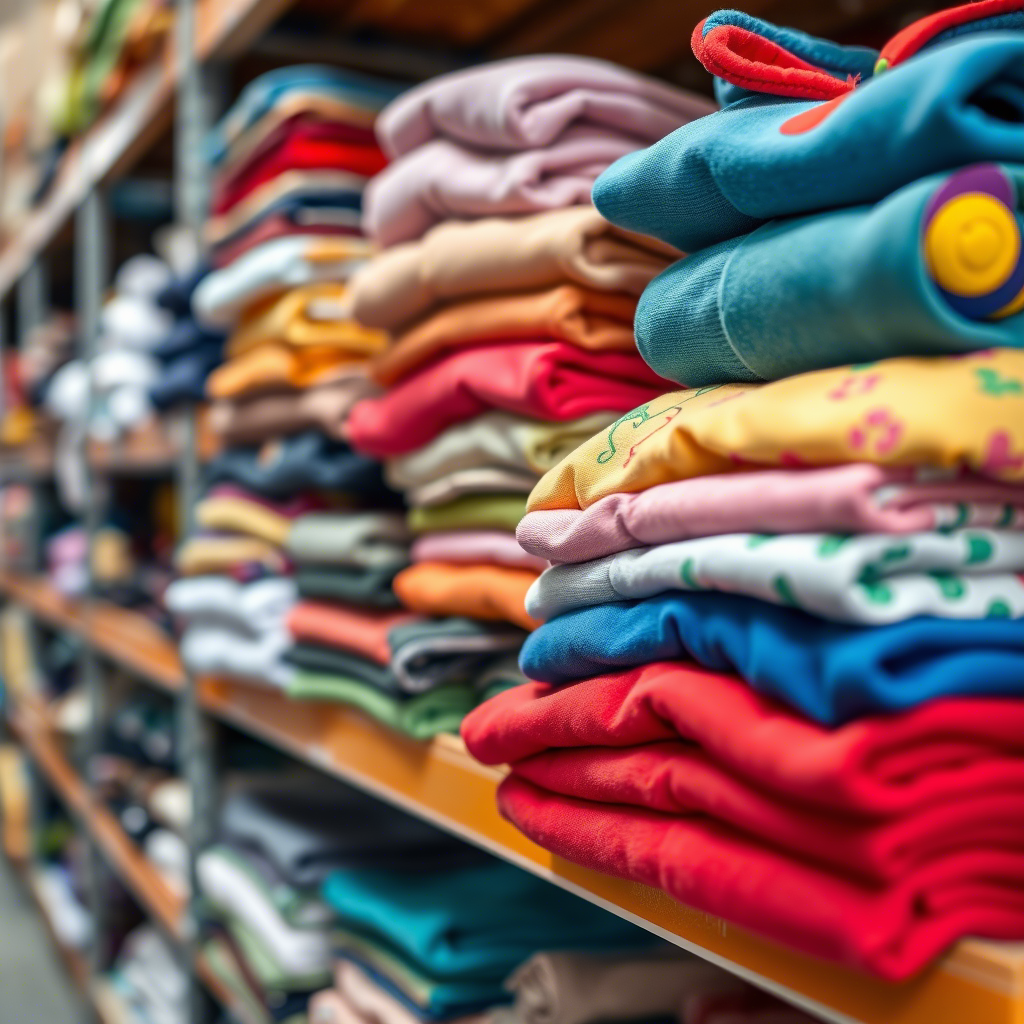 Colorful children's apparel neatly folded on a warehouse shelf