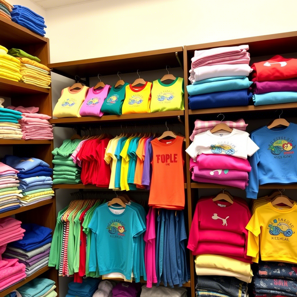 Colorful children’s apparel neatly stacked on shelves for distribution