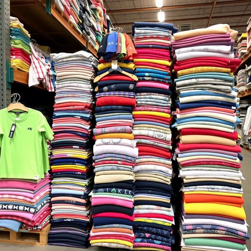 Colorful children’s apparel stacked in a warehouse