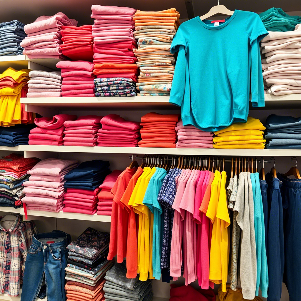 Colorful children’s apparel stacked on shelves for online store