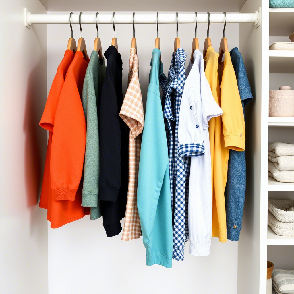 Colorful children’s clothing arranged on a minimalist closet shelf