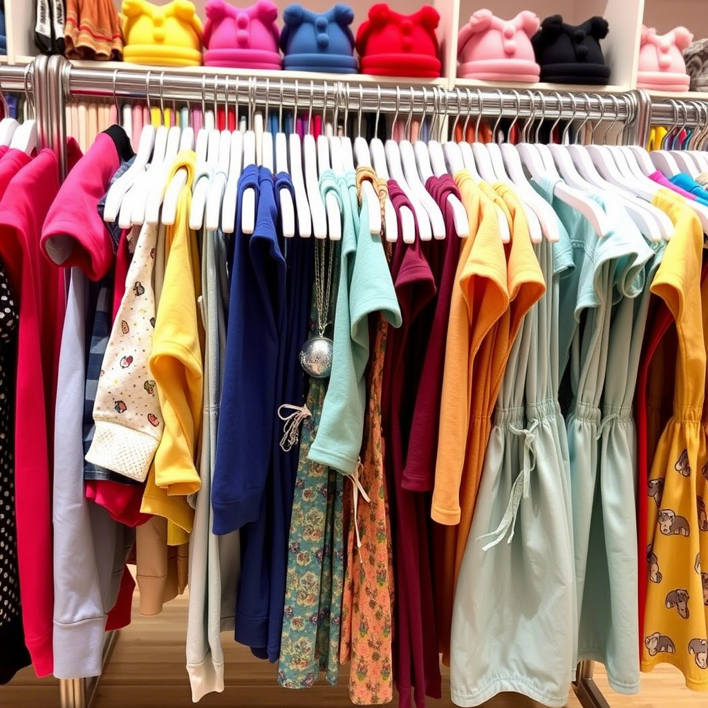 Colorful children’s clothing displayed on a boutique rack